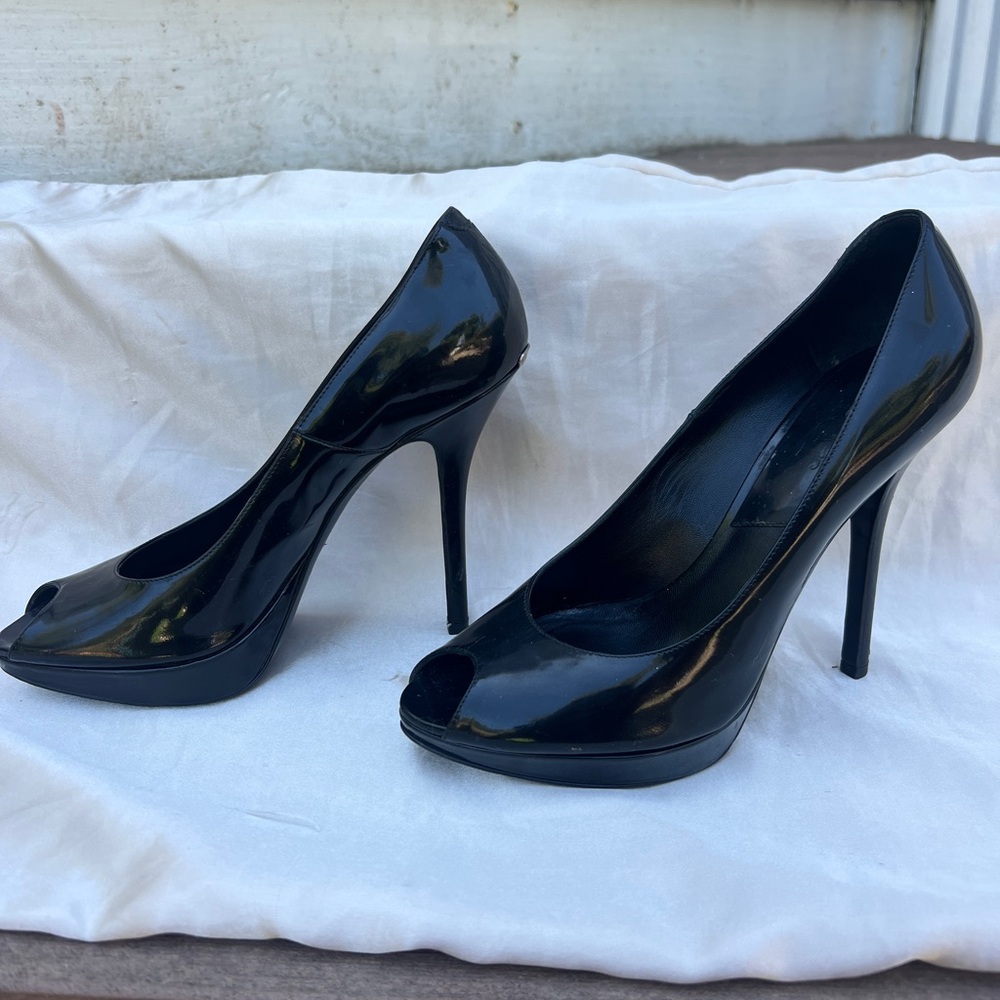 Dior Black Patent Leather Peep Toe Platform Stiletto Pumps Size 38